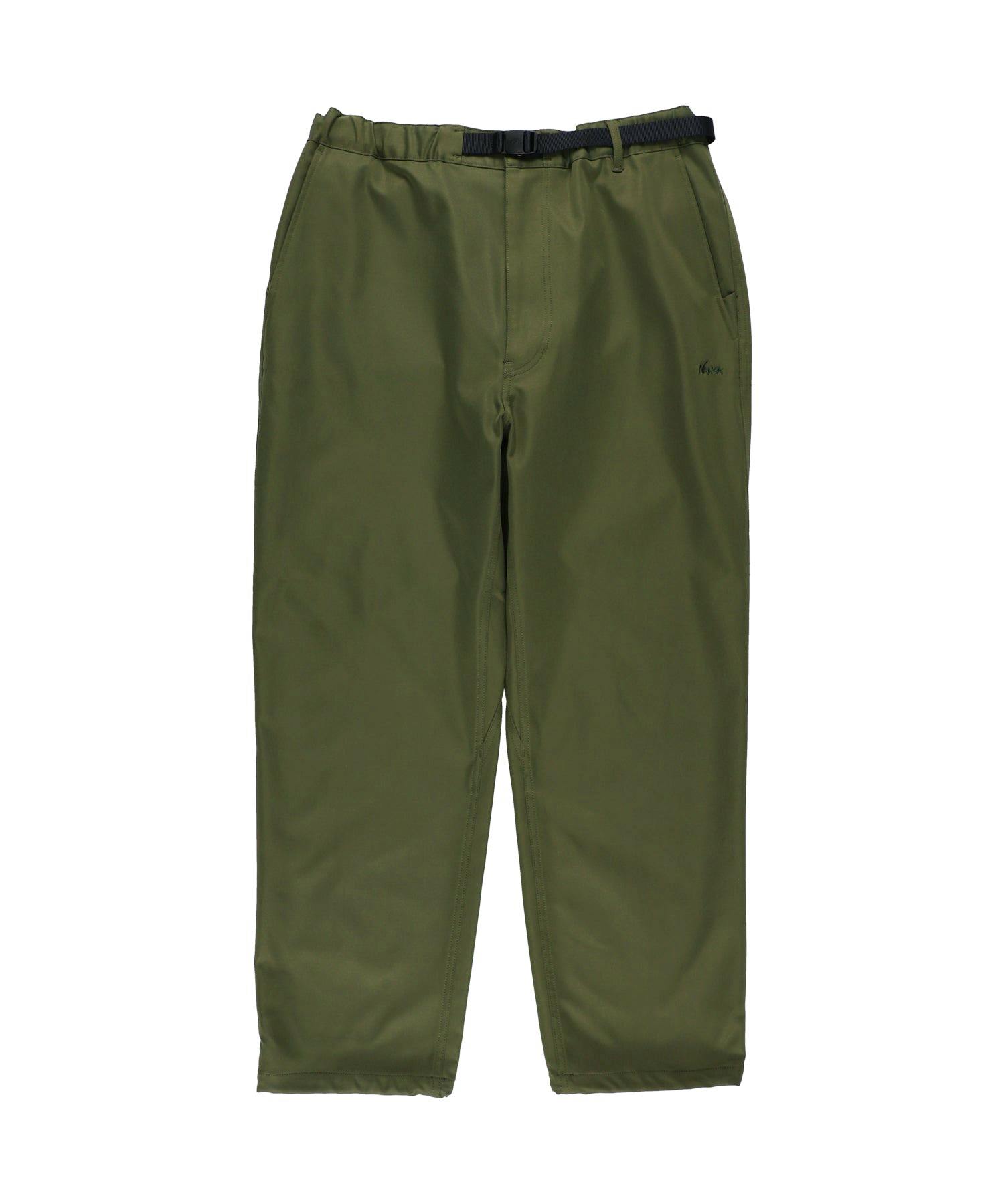 Front view of olive green men's chino pants with a black webbing belt on a white background.