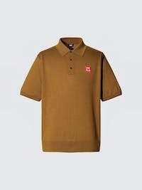 Brown men's polo shirt with short sleeves and a small chest logo displayed on a plain background.