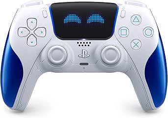 Front view of the DualSense wireless controller 'Astro Bot' Joyful Limited Edition with white body, blue grips, and a pixelated face on the central display.
