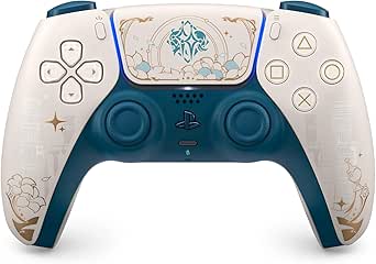 Front view of the DualSense wireless controller "Genshin" limited edition showing the white and teal color scheme with decorative Genshin-themed motifs on the face.