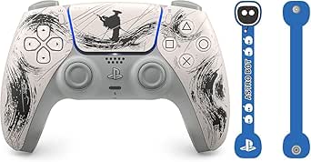 Front view of the Ghost of Yōtei DualSense wireless controller (white with black design) alongside a blue Astro Bot design code holder strap.