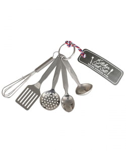 A mini metal kitchen tool set with two spoons, a slotted spoon, a small spatula, and a mini whisk attached to a ring.