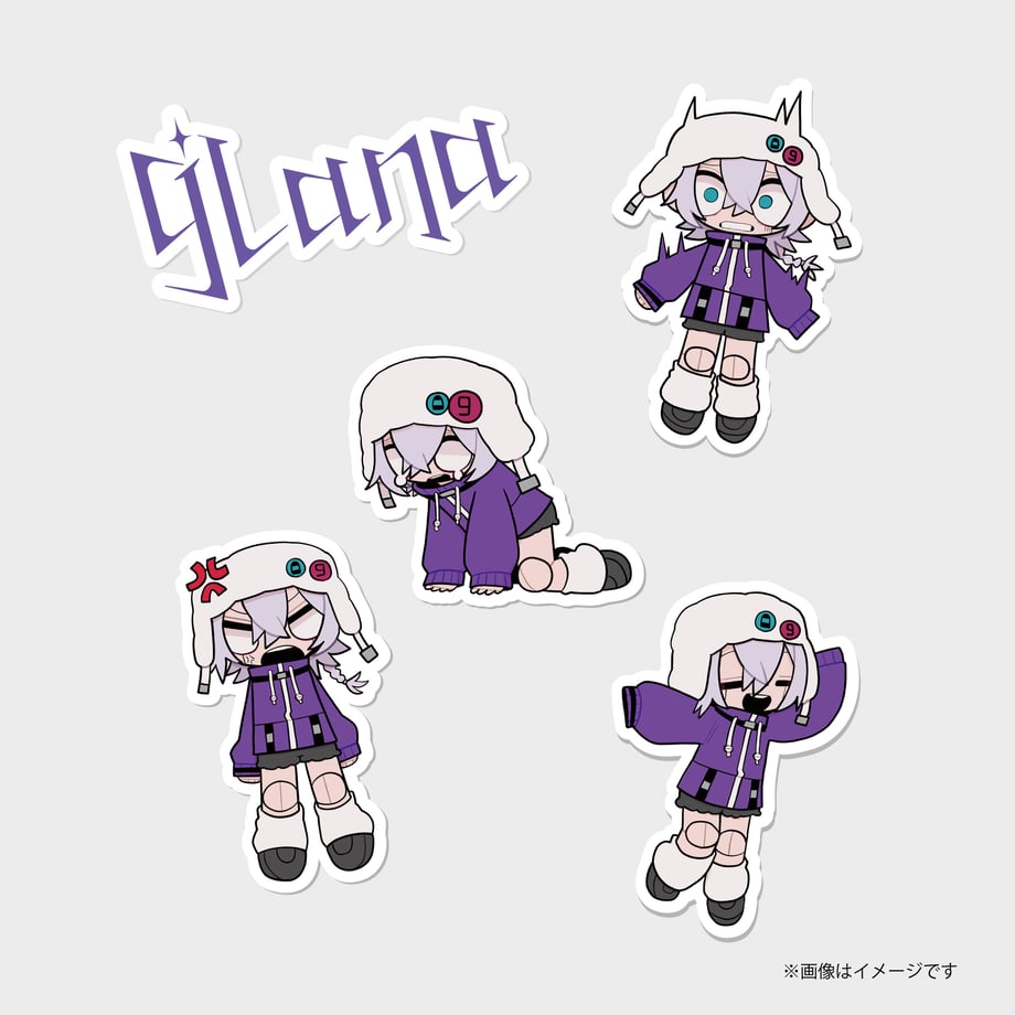 Die-cut paper stickers showing a purple-hooded character in four poses and a stylized text sticker on a light gray background.