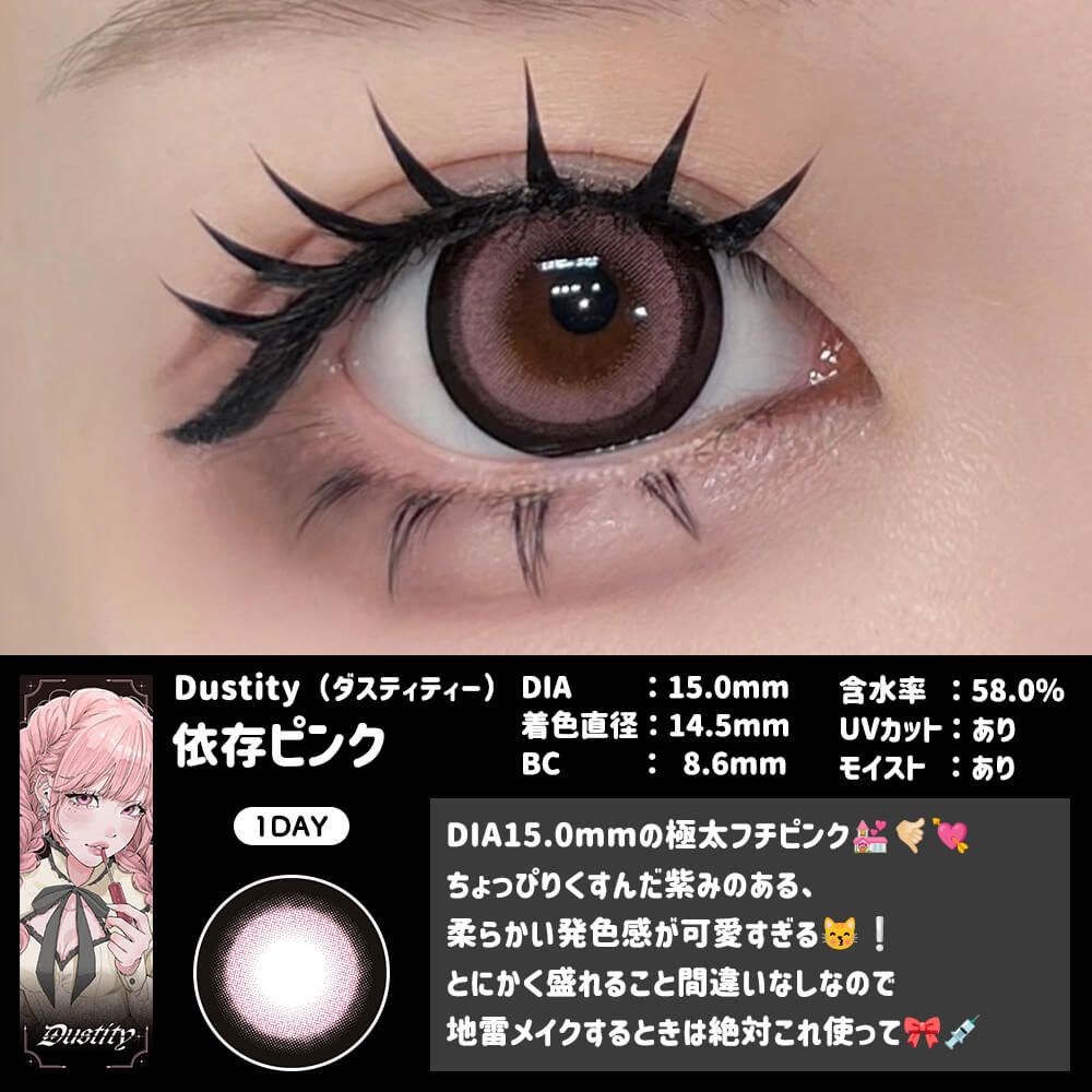 Close-up of an eye wearing the contact lens with a product information panel shown below.