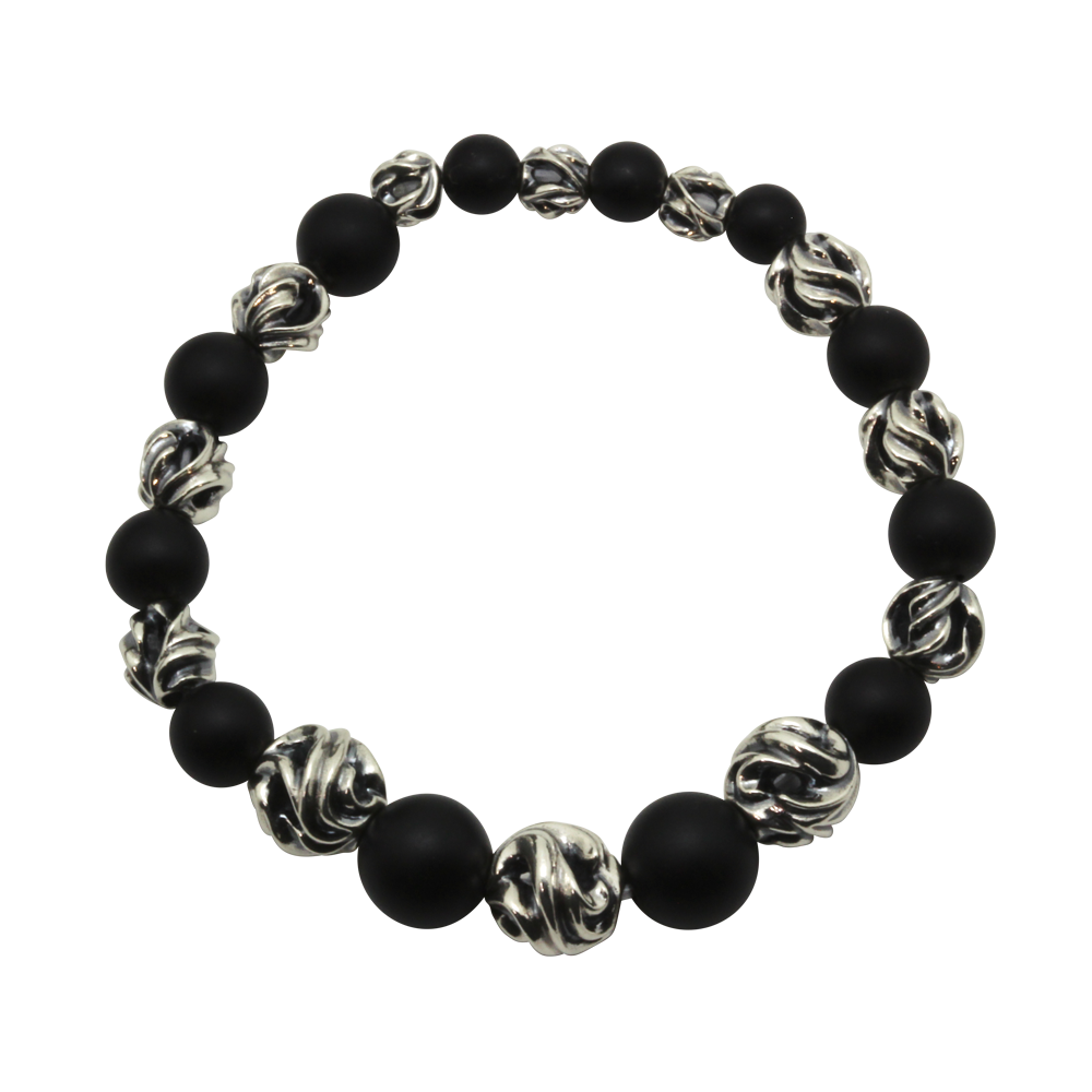 A quartz bracelet composed of matte black beads and silver decorative beads on a black background.