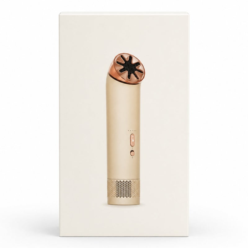 Front view of the Dyson HushJet Mini Cool handy fan (stone/brush) centered on a white background.