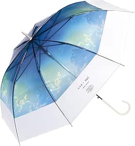 Clear vinyl long umbrella with a sky-blue printed inner canopy, white trim, black ribs, and a white curved handle.