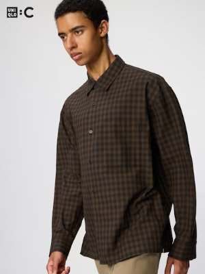 Model wearing a brown checked long-sleeve men's rayon shirt.