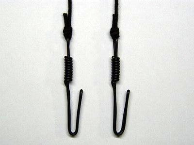 Two black かんたん口フック (easy mouth hooks) with cords displayed on a white background.
