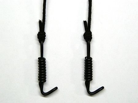 Two black plastic nose hooks with cords displayed on a white background.