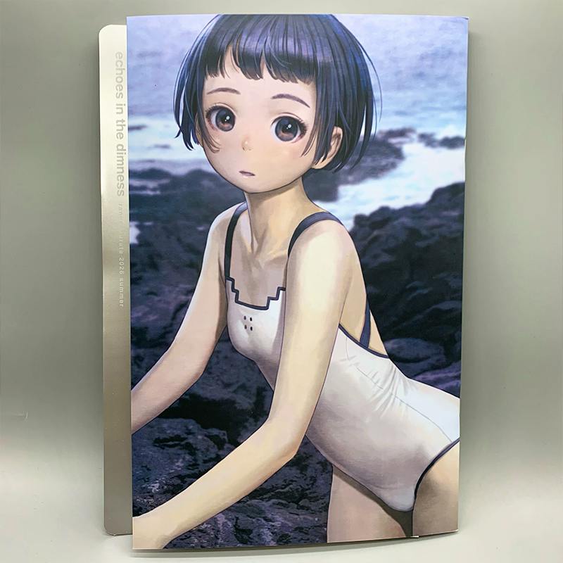 Front cover of the illustration book “echoes in the dimness” showing an illustrated girl in a white swimsuit against a rocky seashore background.