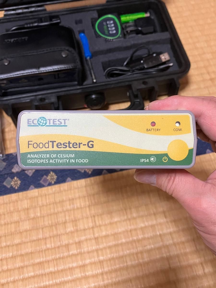 A hand holding an ECOTEST FoodTester-G analyzer showing the front panel labeled "FoodTester-G" with indicator lights.