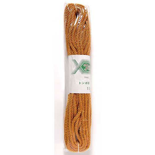Packaged gold-brown Edo-style braided craft cord shown coiled in clear plastic wrapping.