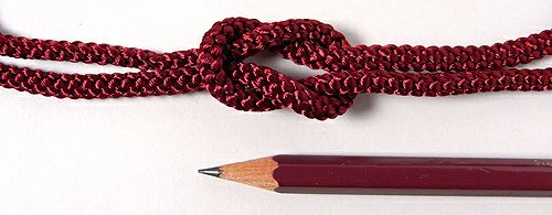 Close-up of the maroon 5mm Edo braided cord tied in a knot with a pencil shown for scale.