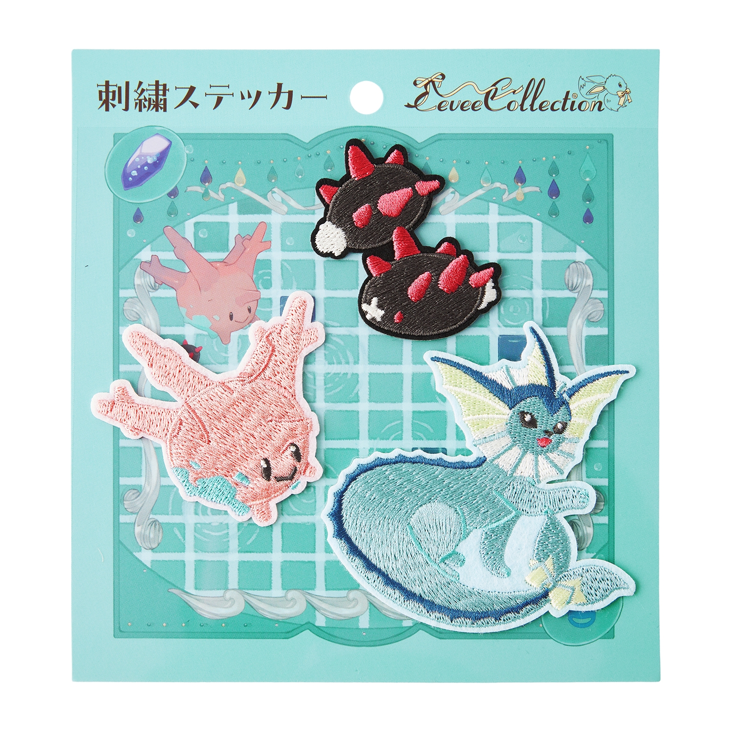 Embroidered sticker/patch set on a turquoise backing card featuring Vaporeon and other patches.