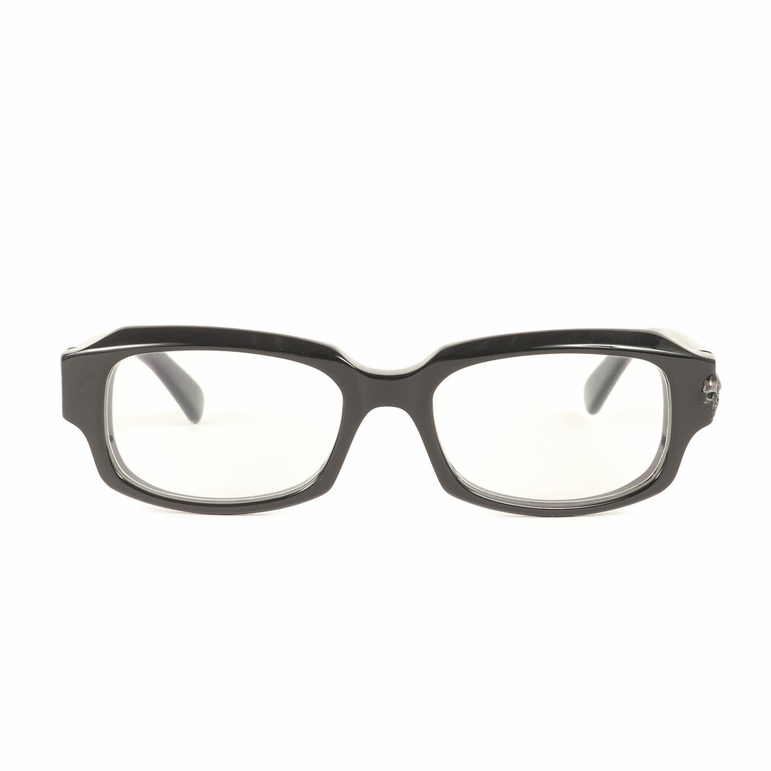 Front view of black plastic-frame eyeglasses with clear lenses.