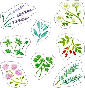 Die-cut herb-themed stickers with watercolor-style botanical designs arranged on a white background.