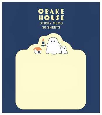 A sticky note pad with two ghost illustrations and a small house at the top on a navy background.