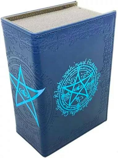 Blue synthetic-leather book-style deck case shown upright with embossed decorative sigils and a light-blue pentagram emblem on the cover.