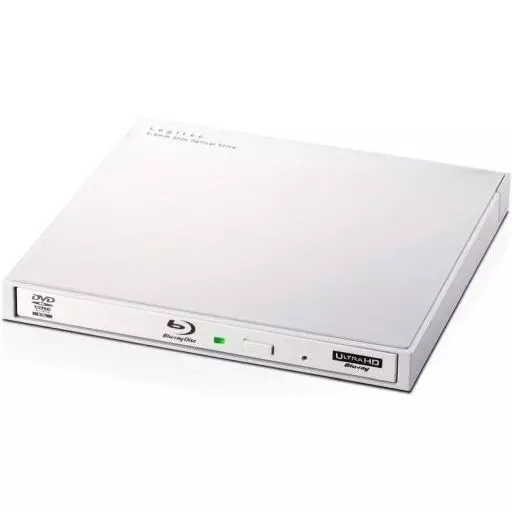 White portable Blu‑ray disc drive shown from a front-angle view with front tray, Blu‑ray and UltraHD logos, and a green LED indicator.