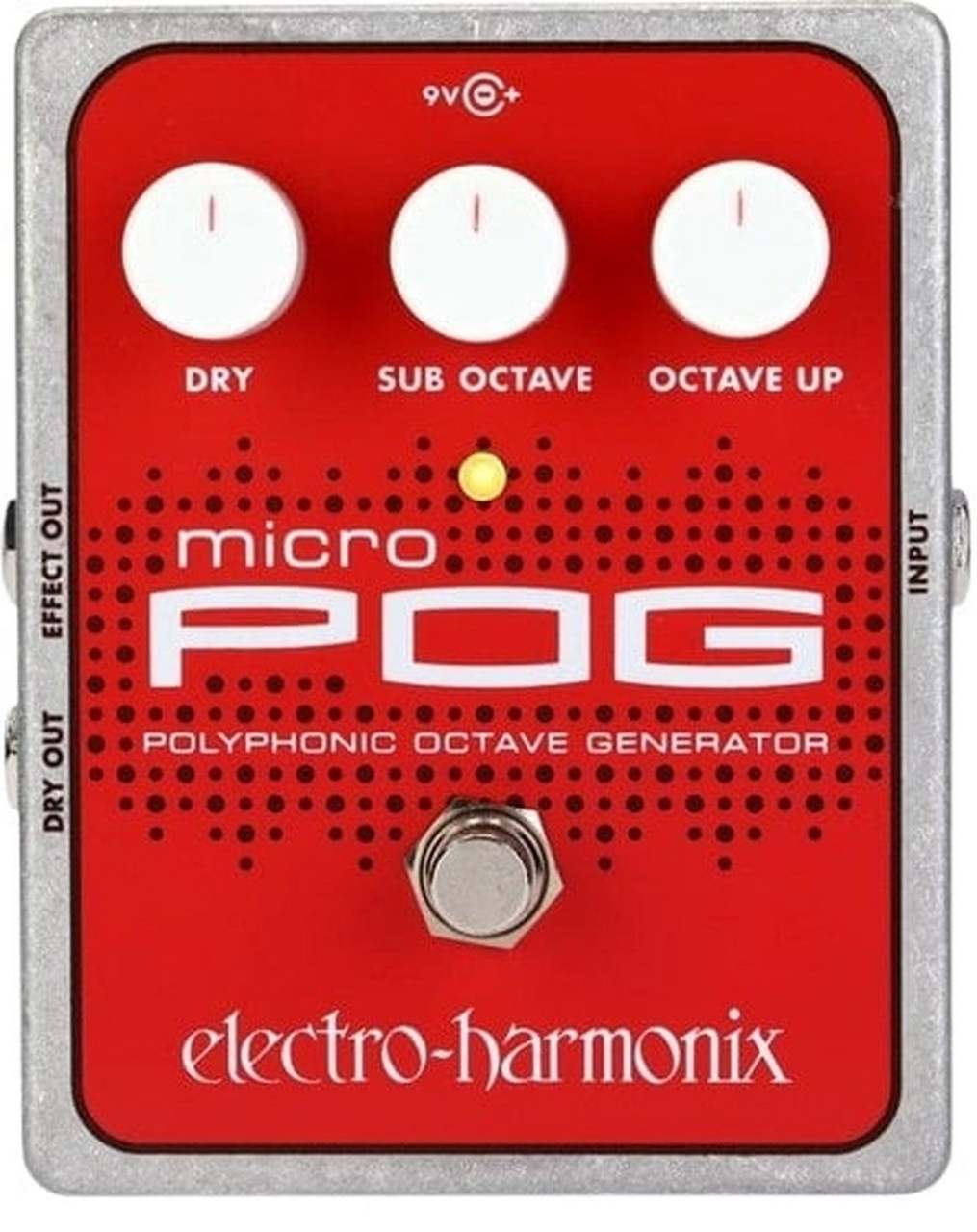Top-down photo of an Electro-Harmonix Micro POG polyphonic octave generator effects pedal showing its red face, three control knobs, footswitch, and branding.
