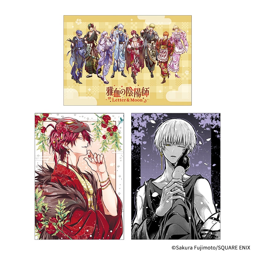Three illustrated postcards from the 「雅血の陰陽師」 set, showing a group character card at top and two individual character portraits below.