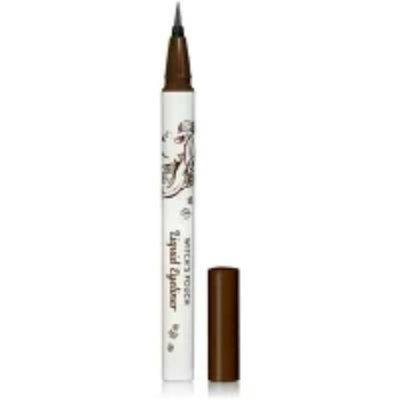 A white-bodied liquid eyeliner pen with a brown cap and a fine brush tip visible.