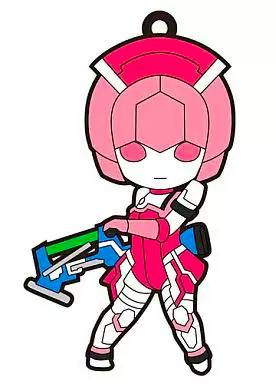 Illustrated chibi pink-armored character keychain strap with a weapon shown on a white background.