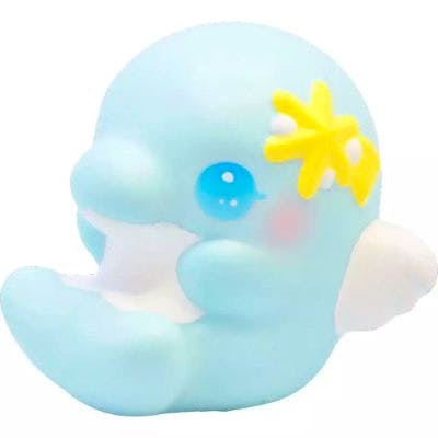 Blue angel dolphin plush toy with a yellow star decoration near its eye and small white wings.