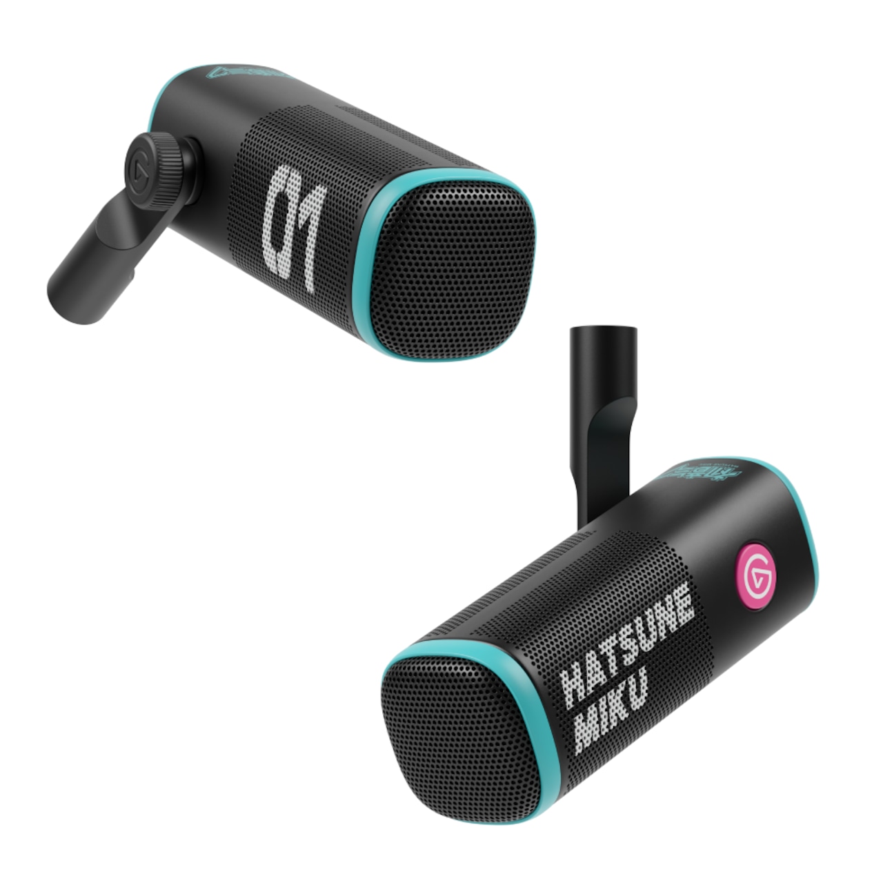 Two angled views of the Elgato Wave DX Hatsune Miku microphone.