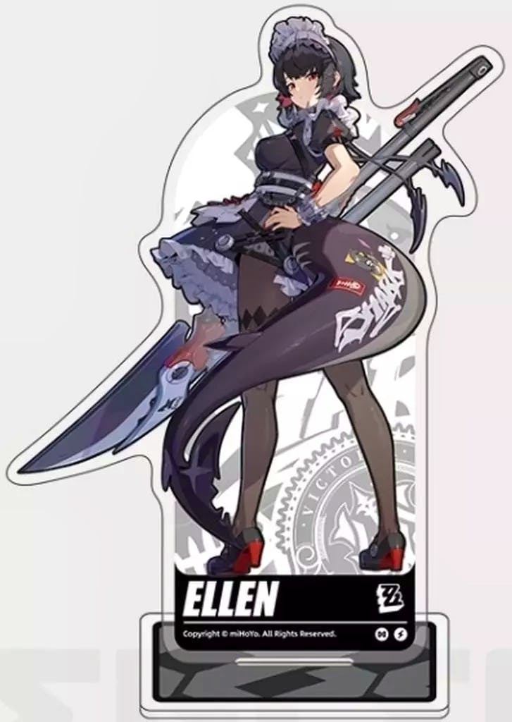 Acrylic character stand showing the illustrated character Ellen on a printed acrylic panel with a display base.