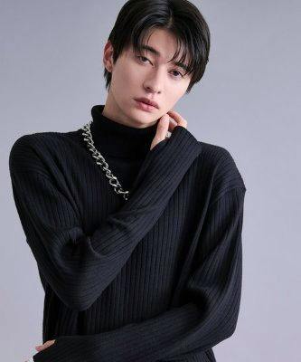Model wearing a black ribbed turtleneck polyester sweater with long sleeves and thumb-hole detail.
