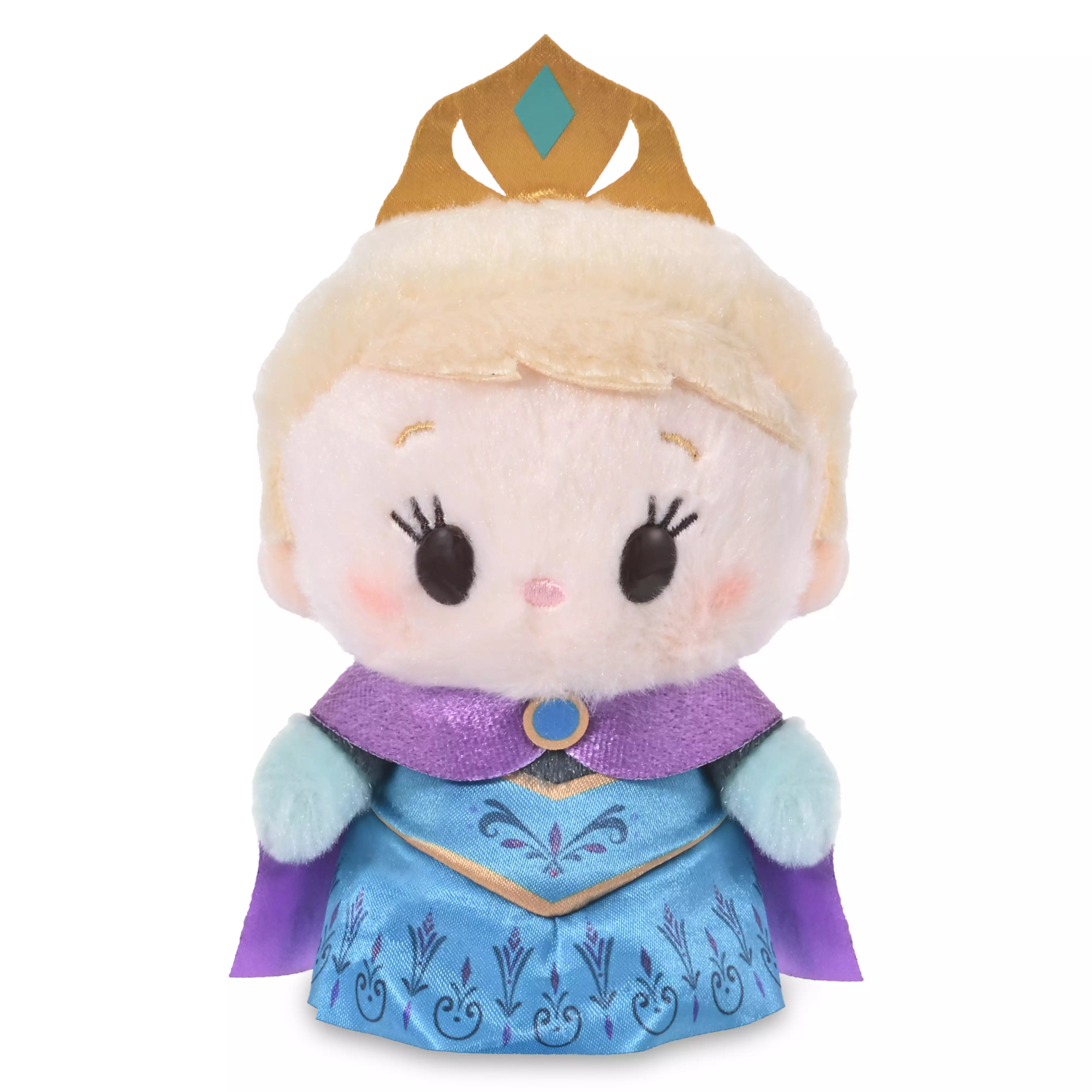 Front view of an Elsa coronation plush toy wearing a blue dress, purple cape, and gold crown.