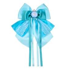 Light blue Elsa-themed kids hair bow with ribbon tails and a central decorative gem.