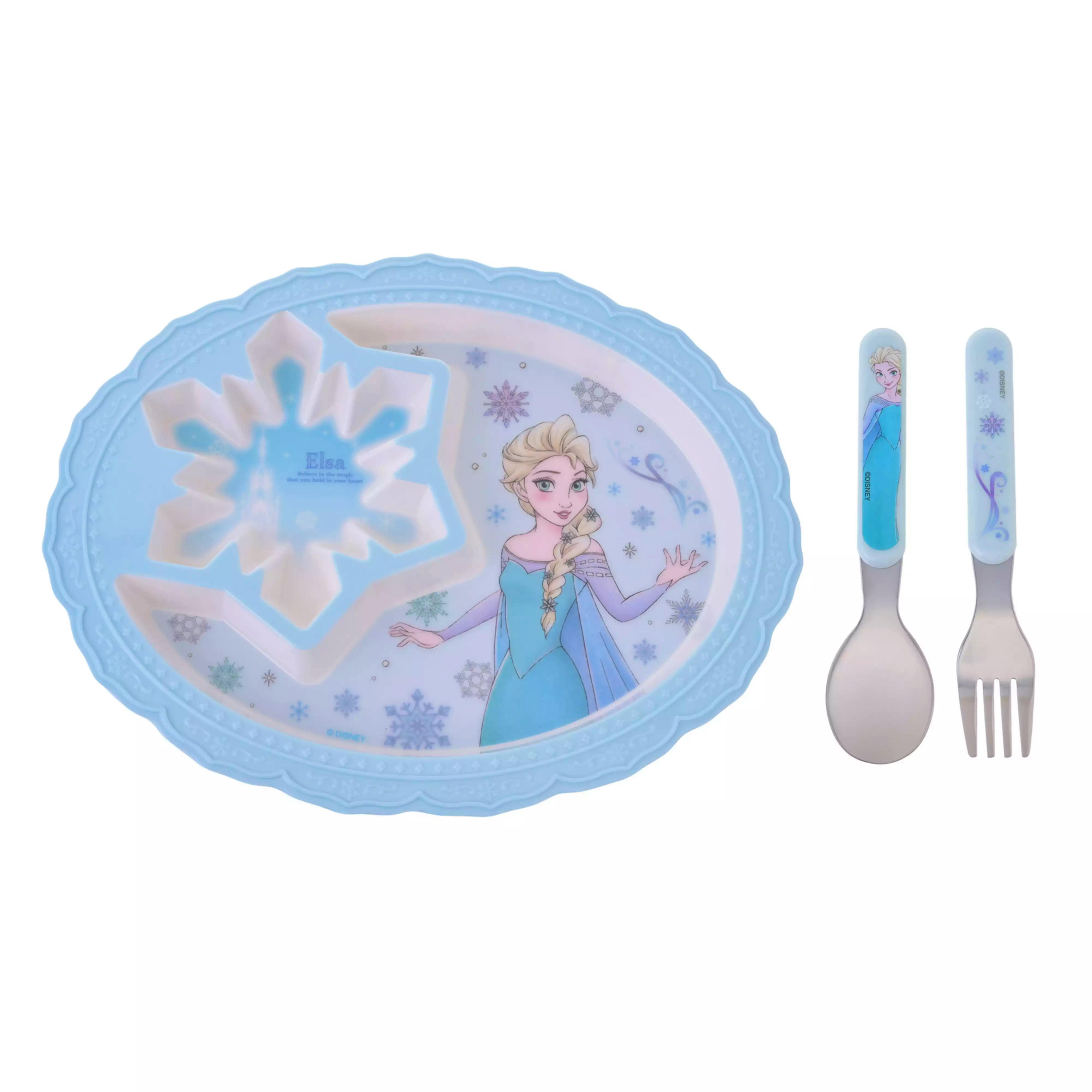 Blue plastic kids' plate with an Elsa relief design shown together with a matching spoon and fork.