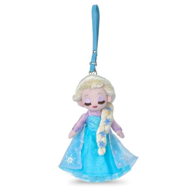 Plush Elsa keychain doll wearing a blue dress with long braided hair and a blue strap attached.