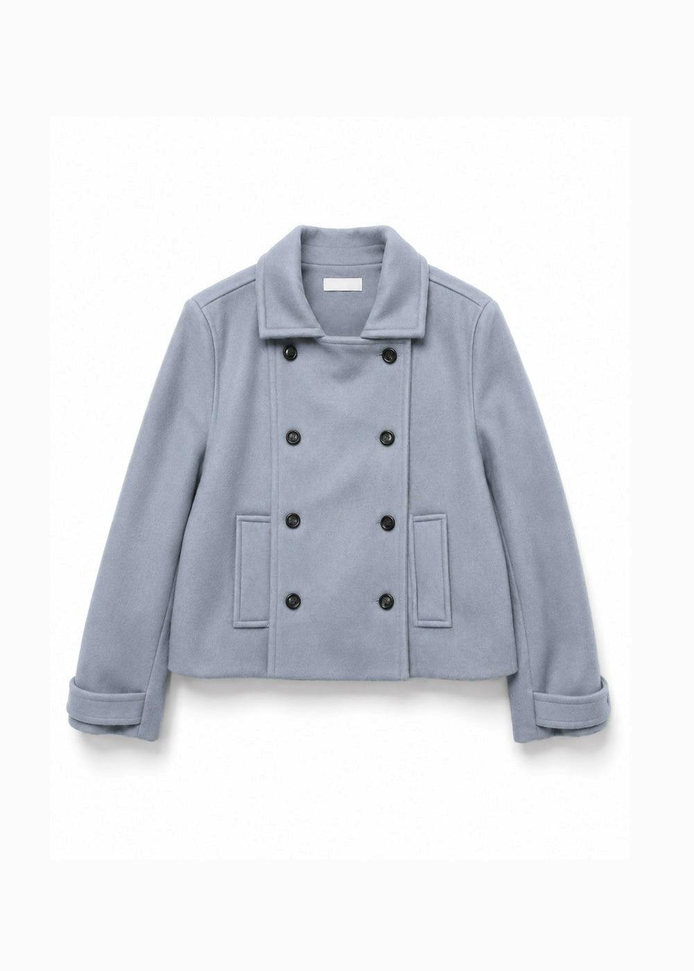 Light blue double-breasted women's coat shown flat on a white background.