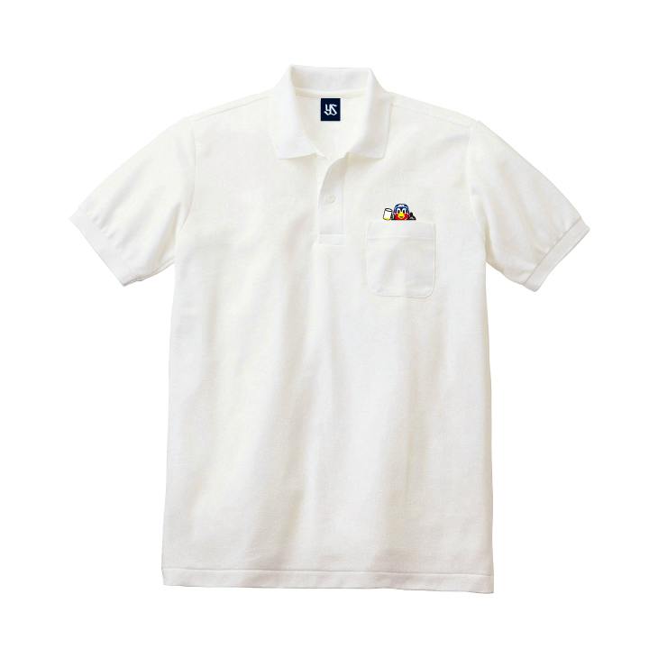 White cotton polo shirt with a chest pocket and a small embroidered character above the pocket.