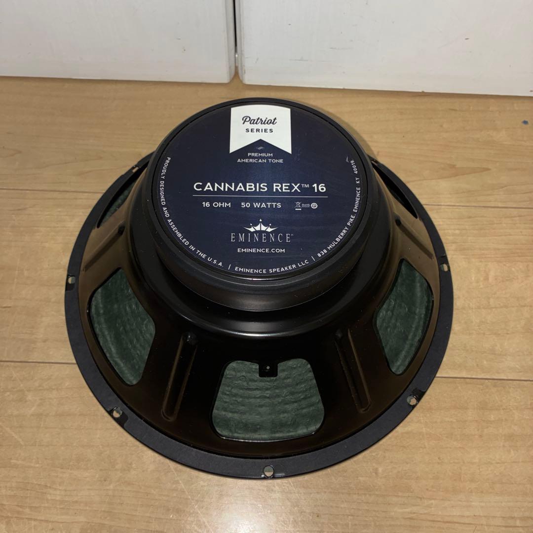 Back view of an EMINENCE CANNABIS REX 16Ω guitar amp speaker showing the magnet label and metal frame.