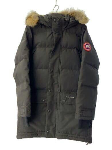Front view of a men's black polyester down parka hanging on a hanger, showing a fur-trimmed hood and a circular sleeve patch.
