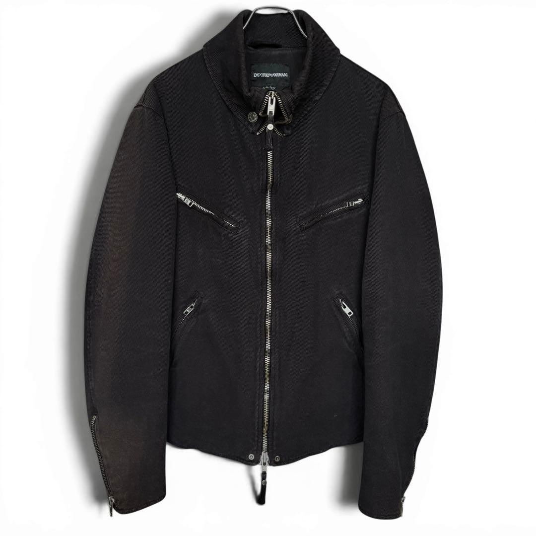 Front view of EMPORIO ARMANI Multi Zip Blouson men's cotton jacket hanging on a hanger.