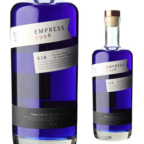 Two views of a blue Empress 1908 gin bottle shown close-up and full on a white background.