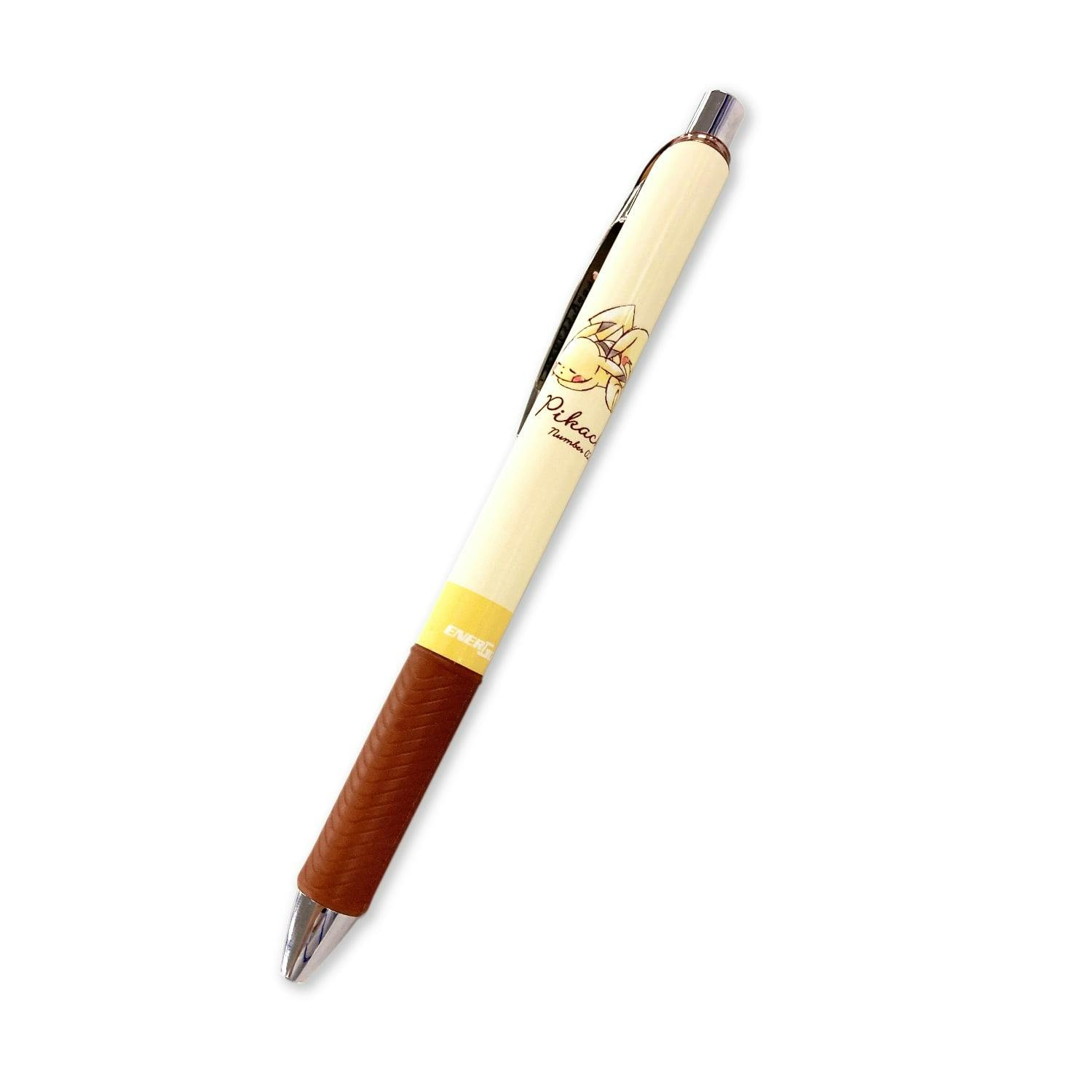 Diagonal close-up of a cream-colored Pikachu-themed mechanical pencil showing a Pikachu illustration, yellow band, and brown textured grip.