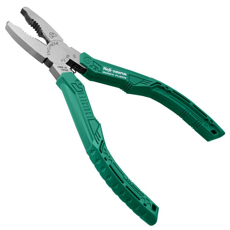 PZ-58 Neji-Saurus GT screw pliers with green handles and metal jaws on a white background.