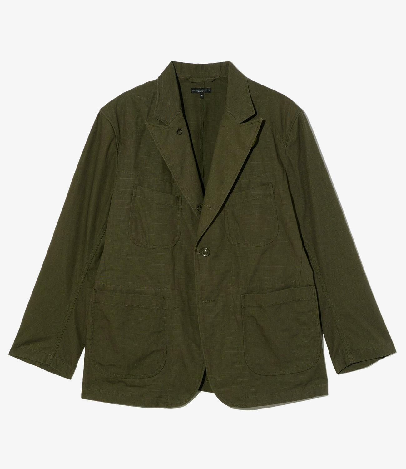 Front view of the Bedford Jacket (heavyweight cotton ripstop) in olive green laid flat on a white background.