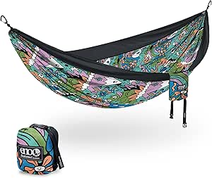 ENO DoubleNest nylon camping hammock in Talk/Black (colorful patterned body with black interior) shown with its matching stuff sack.