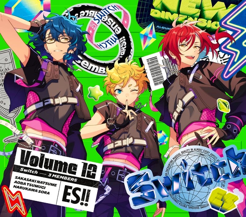 Illustrated album cover showing three anime-style characters in colorful outfits on a bright green background with text elements including "Volume 12" and "Switch".