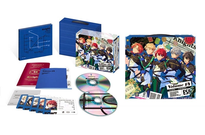 Photograph of the Animate limited first-press set laid out, showing the Knights outer box and sleeve, two discs, booklets, and collectible cards.