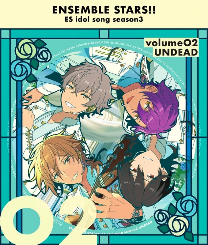 Illustrated CD cover for Ensemble Stars!! ES idol song season3 UNDEAD showing four stylized characters in a circular layout with the text "ENSEMBLE STARS!! ES idol song season3" and "volume02 UNDEAD."