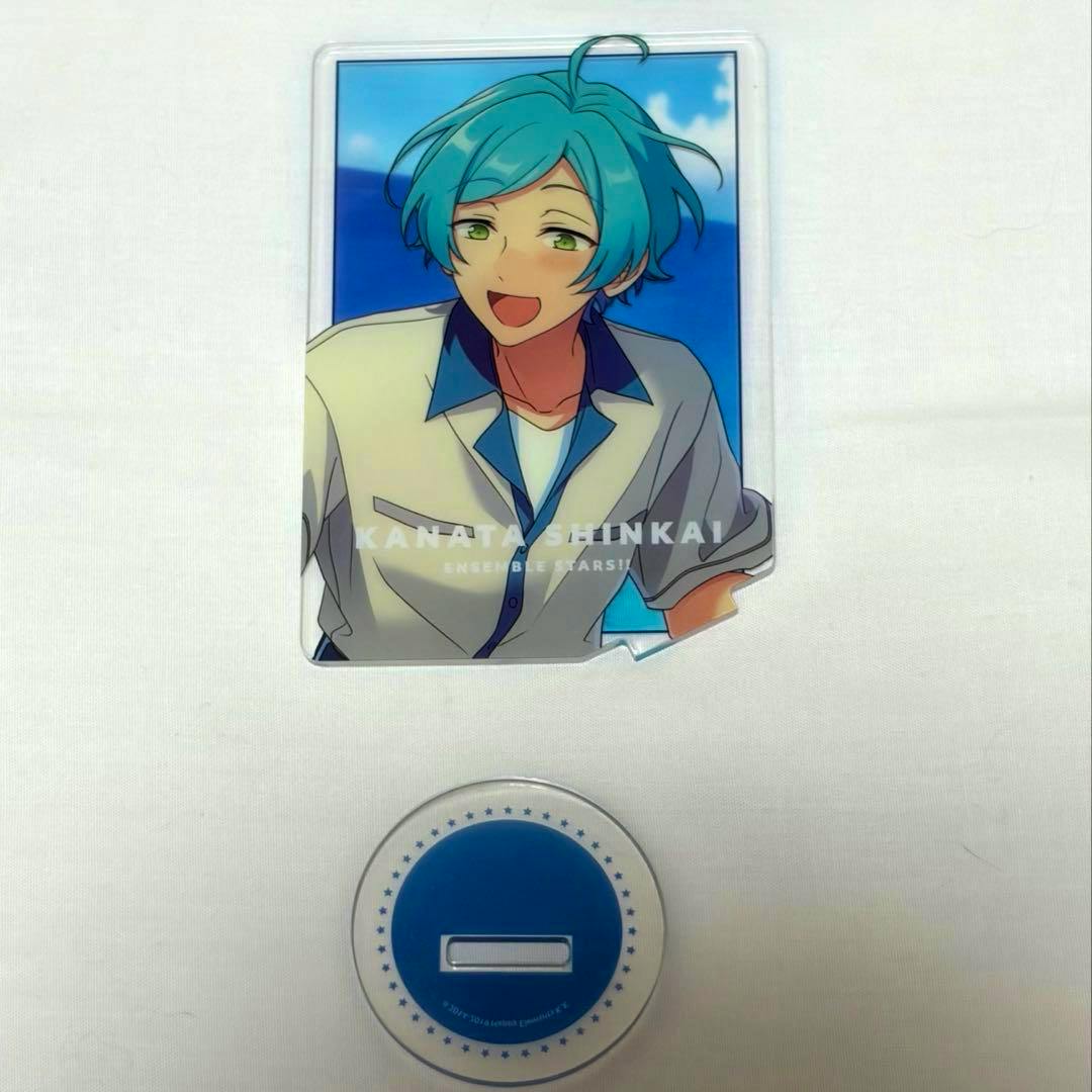 Acrylic character stand showing Kanata Shinkai artwork panel and a round blue base on a white background.